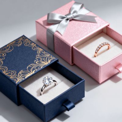 विंटेज लक्जरी कस्टम लोगो रिंग बक्से स्पंज मखमल अस्तर मुहर लगाना लेपित यूवी कोटिंग मुद्रण हैंडलिंग के साथ आइवरी बोर्ड