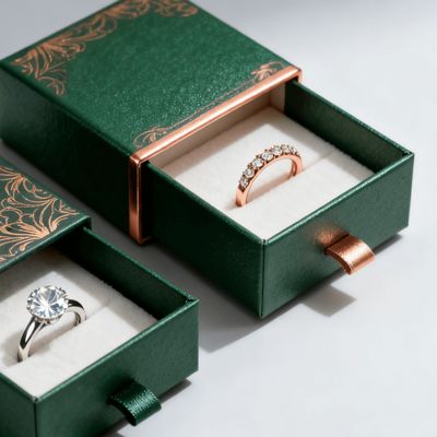 विंटेज लक्जरी कस्टम लोगो रिंग बक्से स्पंज मखमल अस्तर मुहर लगाना लेपित यूवी कोटिंग मुद्रण हैंडलिंग के साथ आइवरी बोर्ड