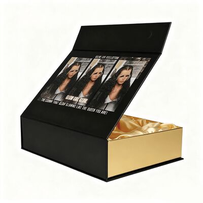 Luxury Flip Top Magnetic Box Closure Wig Box With Satin Inside Custom Logo Packaging Hair Gift Black Foldable Paper Boxes